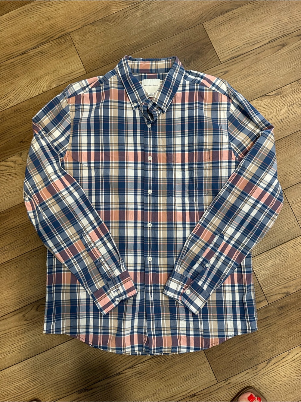American Eagle Outfitters Blue, Pink, White Plaid Button-Down Shirt